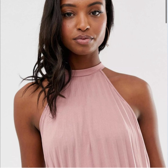 Asos Blush Pink Rose Pleated Halter Maxi Dress Gown Size 12 - Picture 3 of 9
